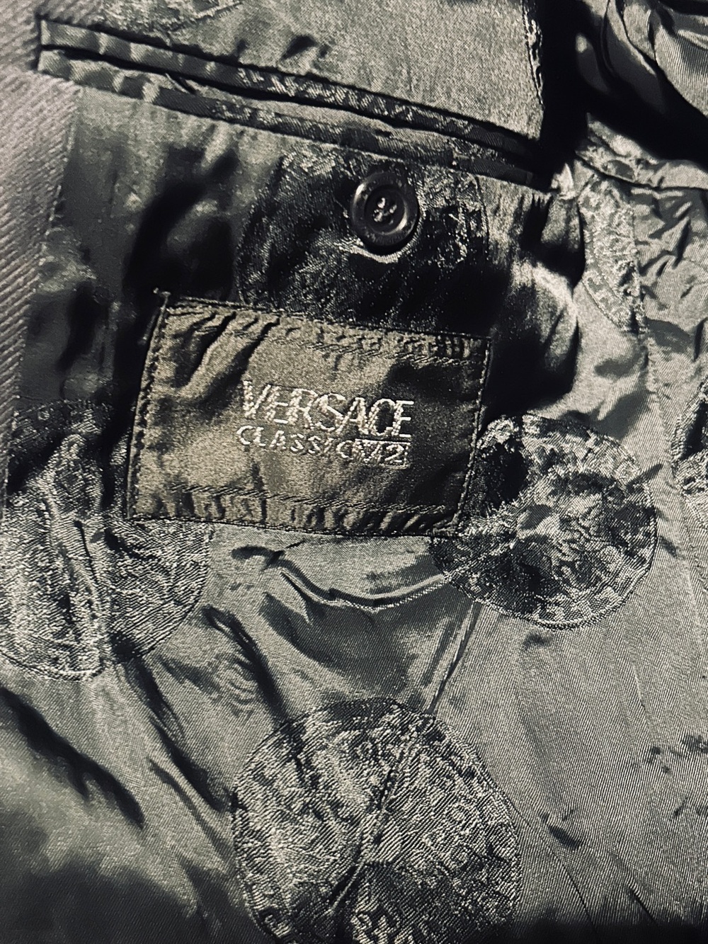 VERSACE CLASSIC V2 Black Silk-Lined Jacket Interior with Logo Embossed